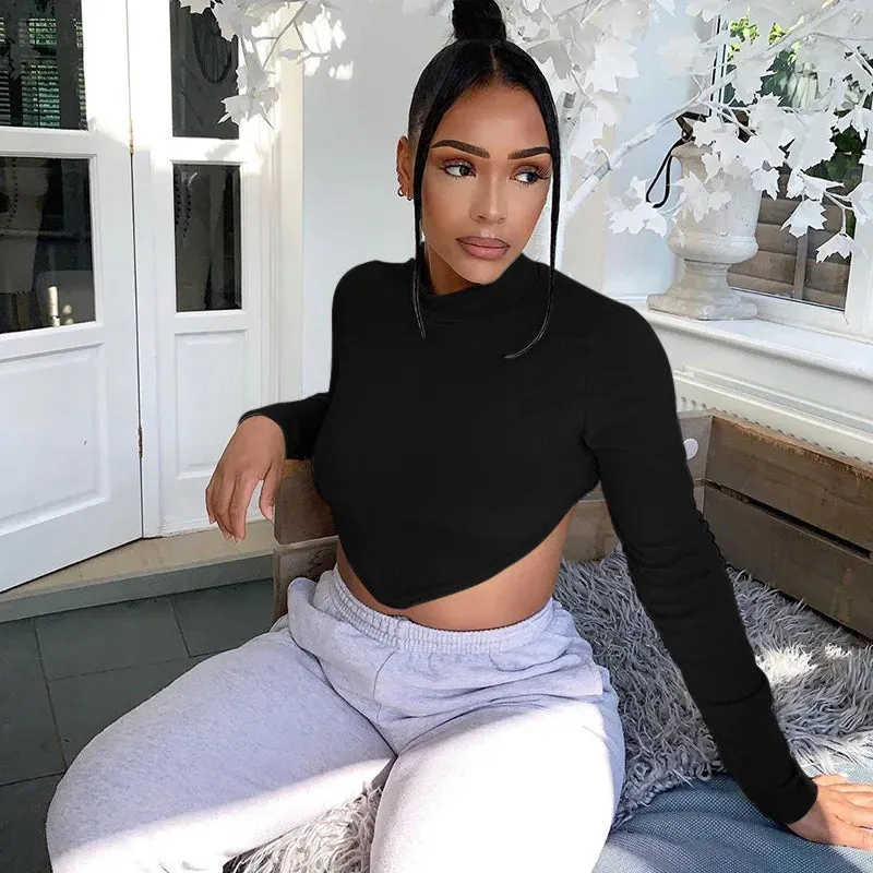 Znbbw Backless Lace-up T-Shirt Women Solid Color Tees Brief Style Round Collar Long Sleeve Slim Fit Crop Tops Lady Clubwear - Image 5