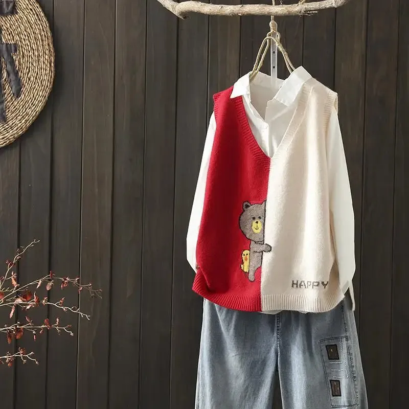 Znbbw and autumn new simple color matching knitted vest women loose wild V-neck cartoon pattern knitted sweater - Image 3