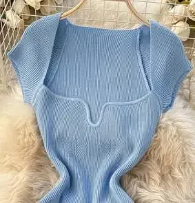 Znbbw Women V-neck Knitted Short Sleeve Draw String T-shirts Crop Tops Girls Knitting Stretchy Cropped Sheath Tee Shirts For Female - Image 3