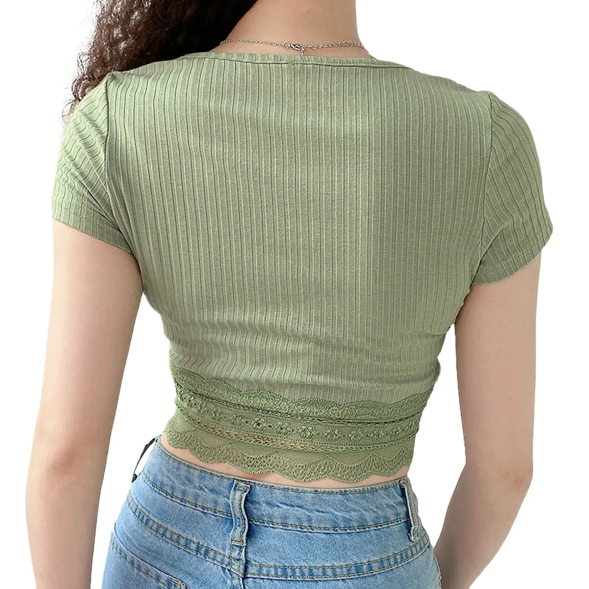 Znbbw Arrival Button Sexy Crop Top Women Ribbed Knit Korean Style Short Sleeve 2023 Fashion Casual Green Summer Tops Women Clothes - Image 4