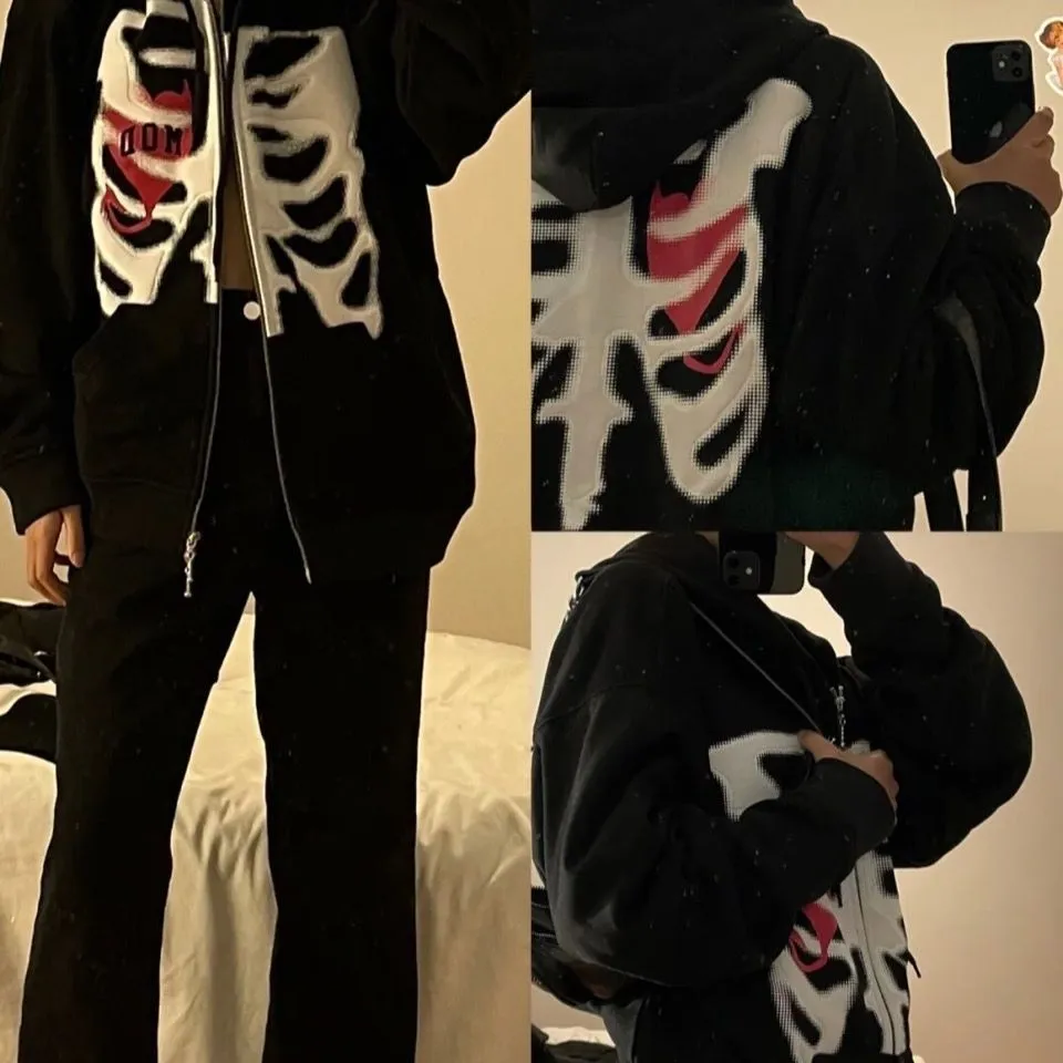 Znbbw Women Zip-up Y2K Harajuku Oversized Skeleton Hoodie Goth Hoodie Female Women Grunge Hooded With Zipper Hood Skull Sweatshirt - Image 3