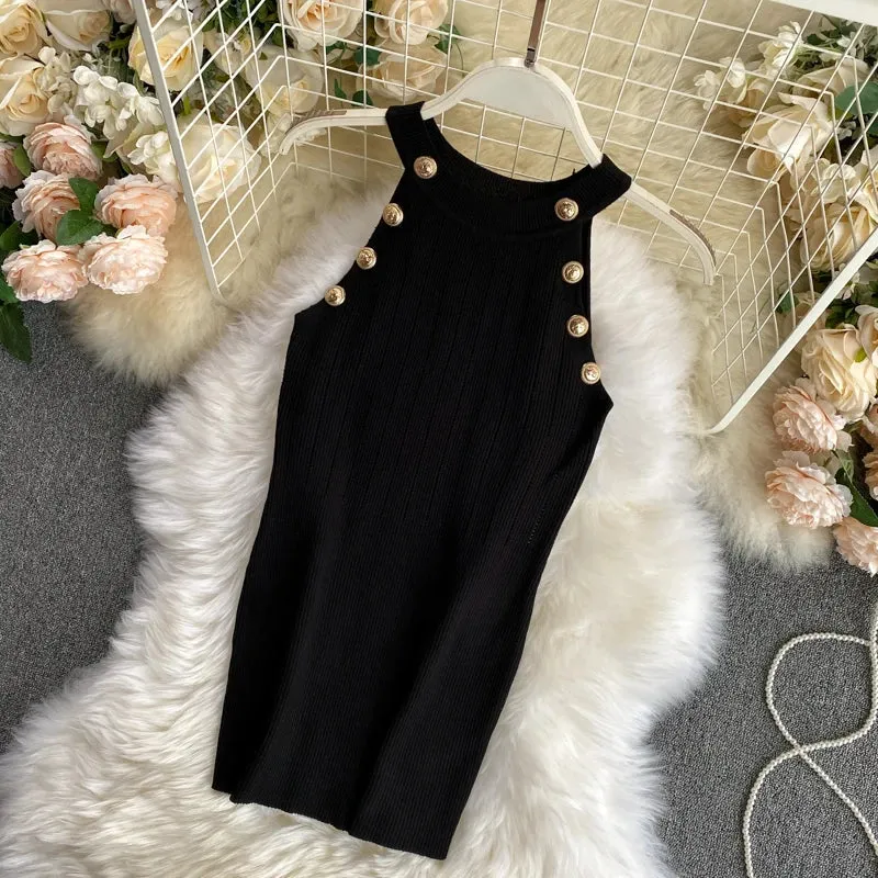 Znbbw Women's Knitting O-neck Off-shoulder Tank Tops Female Bodycon Knitted Buttons Camisole Sleeveless Tee shirts Women - Image 20