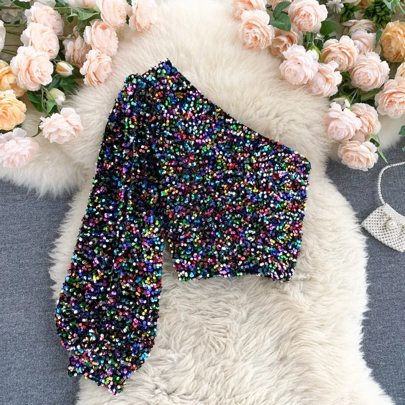 Znbbw 2023 New Product Oblique Collar T-shirt Strapless Unilateral Puff Sleeve Slim Fit Short Sequined Top HK102 - Image 3