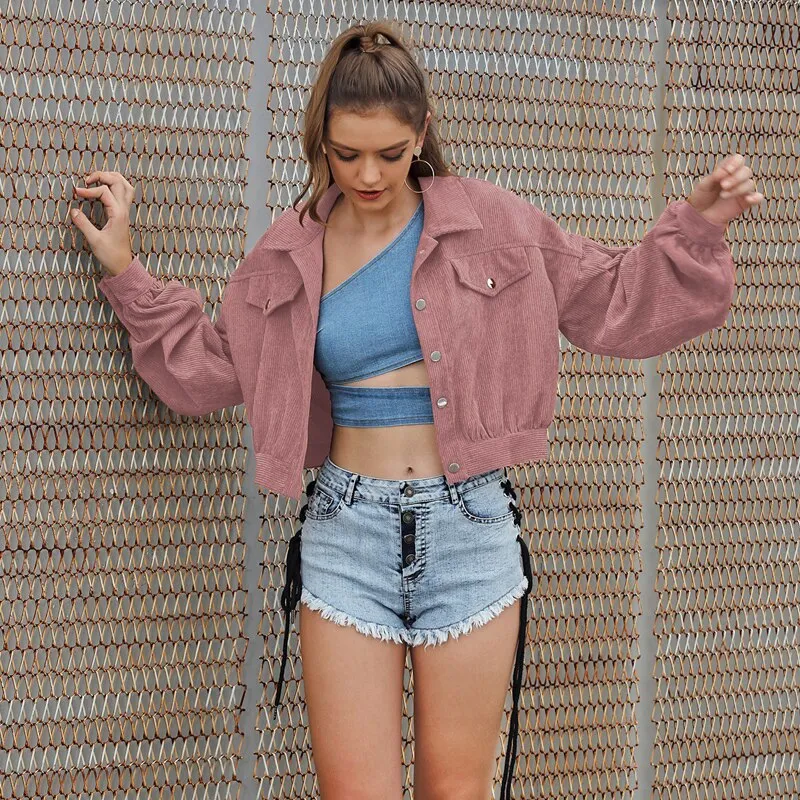 Znbbw Turn Down Collar Single Breasted Lantern Sleeve Corduroy Jacket 2023 Autumn New Women Solid Cropped Coat Jackets - Image 7