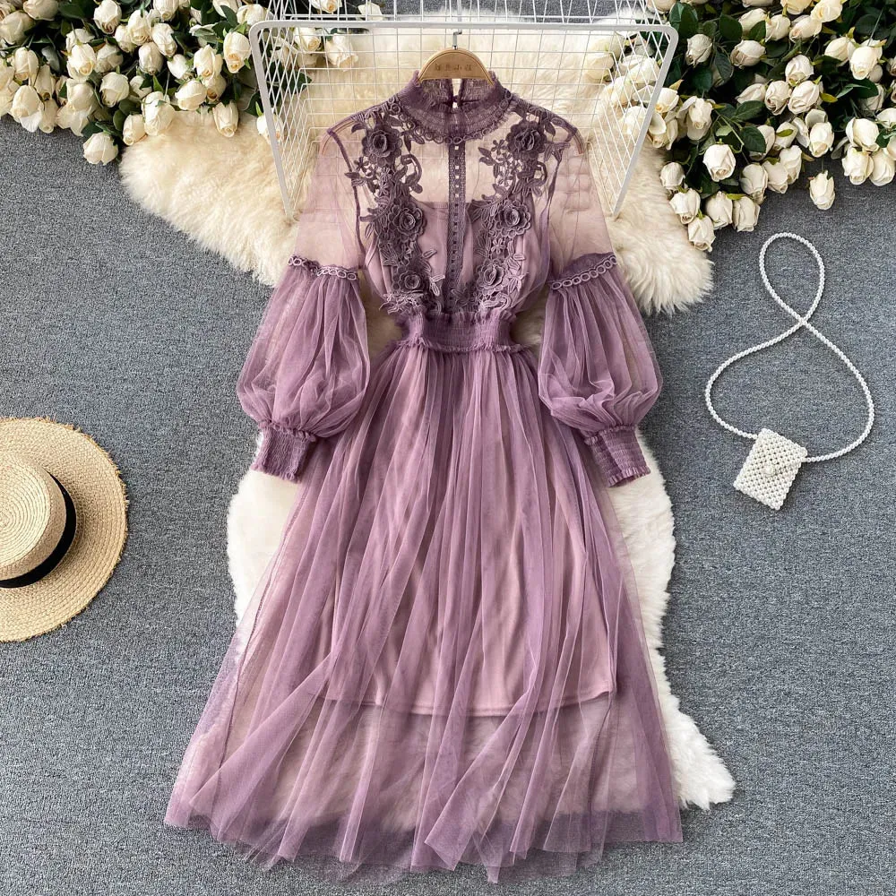 Znbbw 3D Flowers Mesh Dress 2024 Spring Summer Women Fairy Two Pieces Knee Length Solid Dresses Female Midi Dress - Image 9