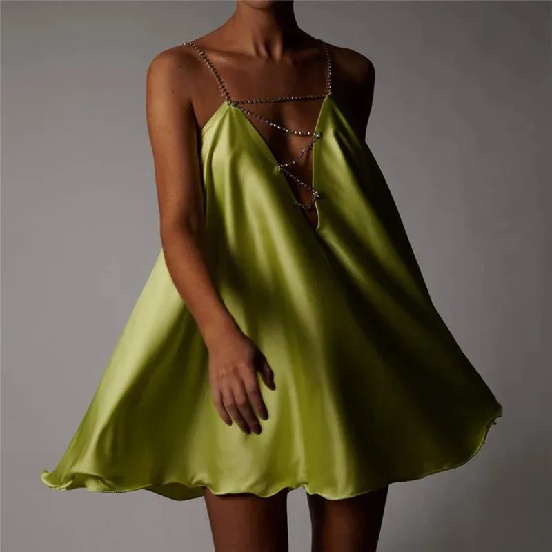 Znbbw Women???s Chain Suspender Short Dress Fashion Solid Hollow V-neck A-line Mini Flared Dress Party Club Backless Vestidos - Image 7