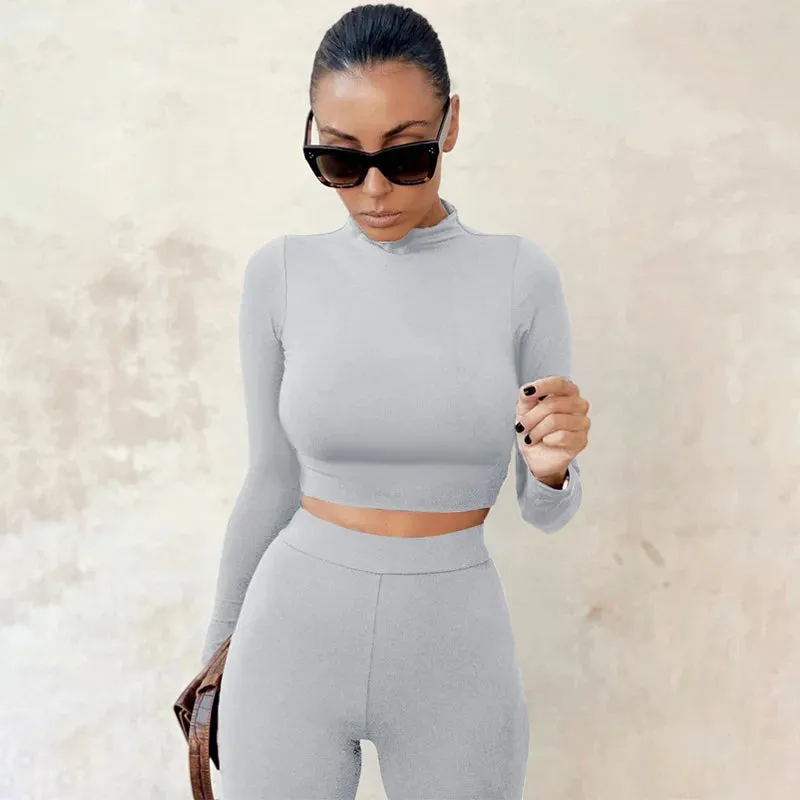 Znbbw 2-Pcs Women's Long Sleeve Sportswear Solid Color Elastic Crop Top Tight-fitting Long Pant Outfit Set - Image 4
