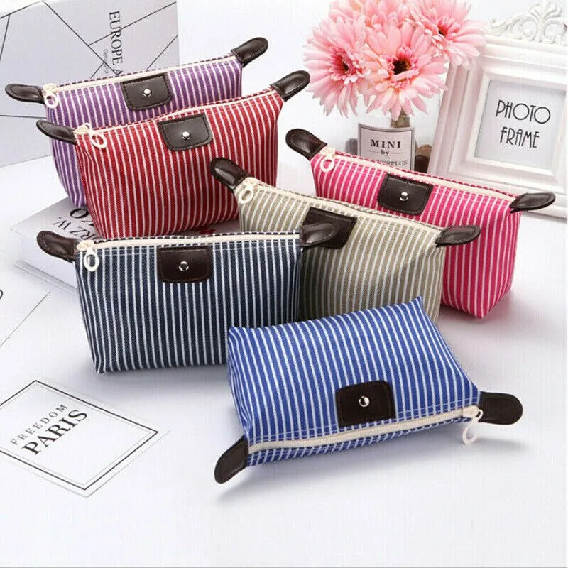 Znbbw Women Casual Strip Print Zipper Oxford Cloth Toiletry Bag Lazy Makeup Bag Quick Pack Travel Fashion Cosmetic Bags