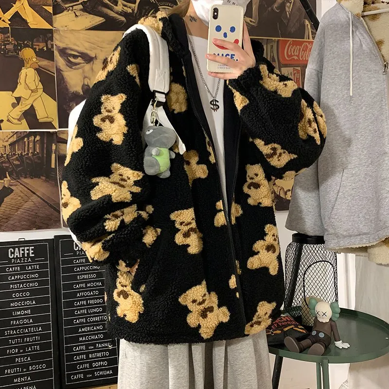 Znbbw Men Cartoon Bear Lamb Wool Hooded Coat Casual Oversized Zip Up Sweatshirt Tops 2023 Winter Men Hoodie Jacket Cute Korean Outwear - Image 2