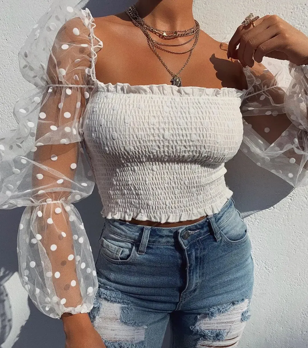 Znbbw Women Mesh Sheer Blouse Chiffon See-through Long Sleeve Top Shirt Blouse Fashion Organza Transparent White Shirt Female Blusas - Image 3
