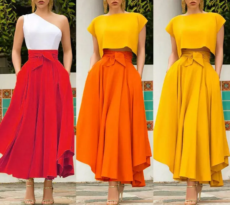 Znbbw Women's Solid Color High Waist A Line Skirt Fashion Slim Waist Bow Belt Pleated Long Maxi Skirts Red Orange Yellow