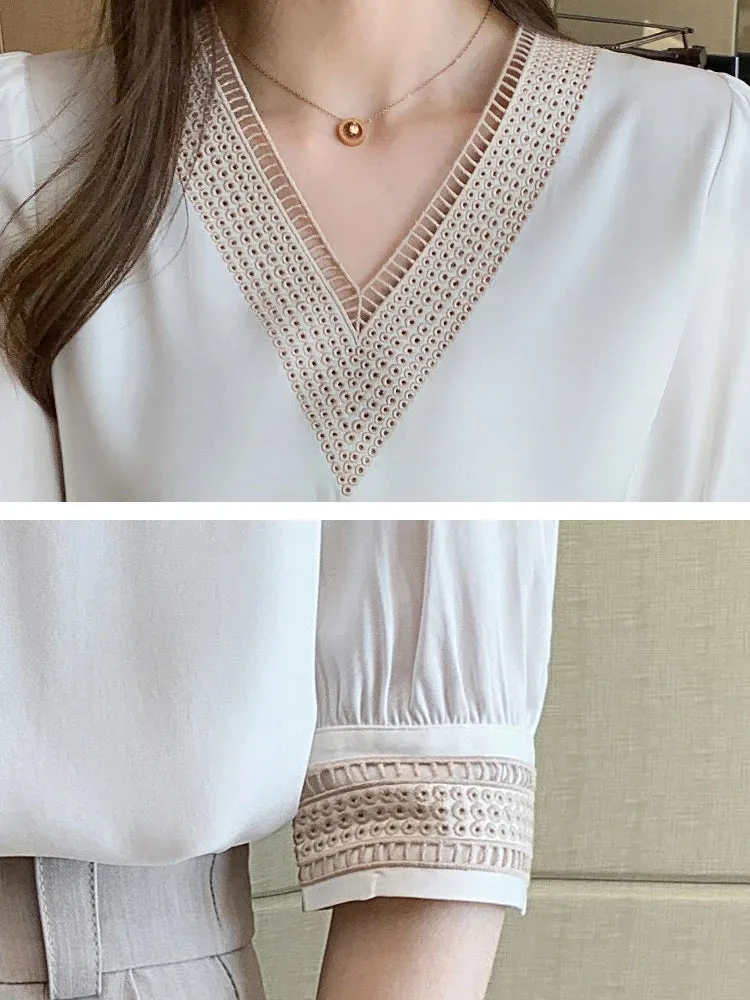 Znbbw Women Shirts Blouses Femme White Blouse Tops Women Blusas Mujer De Moda 2023 Verano V-Neck Chiffon Blouse Shirt Tops Blusas E608 - Image 6