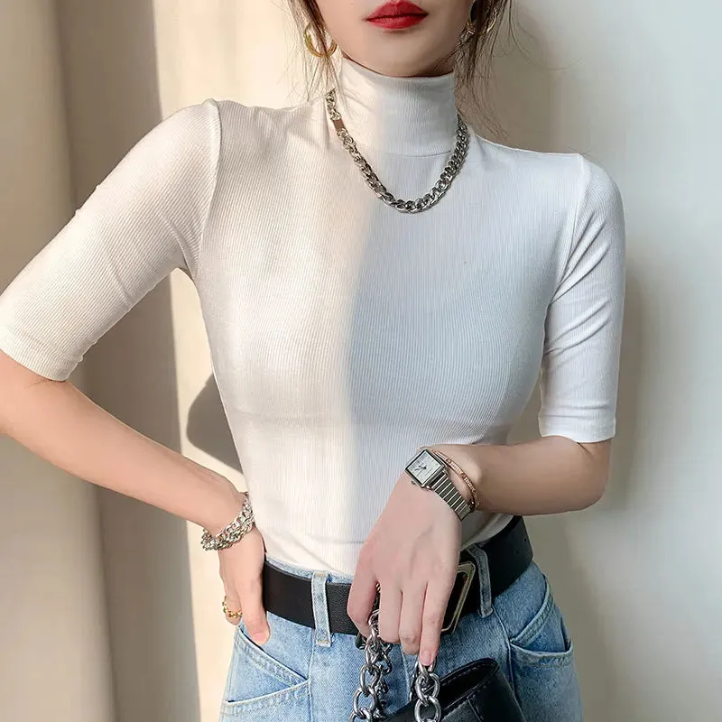 Znbbw Women Half Turtleneck Slim Half Sleeve T Shirts Lady Threaded Fabric Elegant Stretchy Tops Tees Female Basic Sheath T-Shirt - Image 7