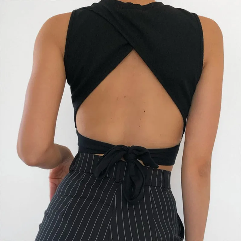 Znbbw backless women tank top bandage slim crop top summer 2023 casual streetwear tops solid cotton soft criss cross top - Image 3