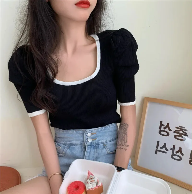 Znbbw Women Short Puff Sleeve Tee Shirts Lady Fashion Patched Square Collar Knit Stretchy Chic Crop Tops T-shirts For Girls Summer - Image 7