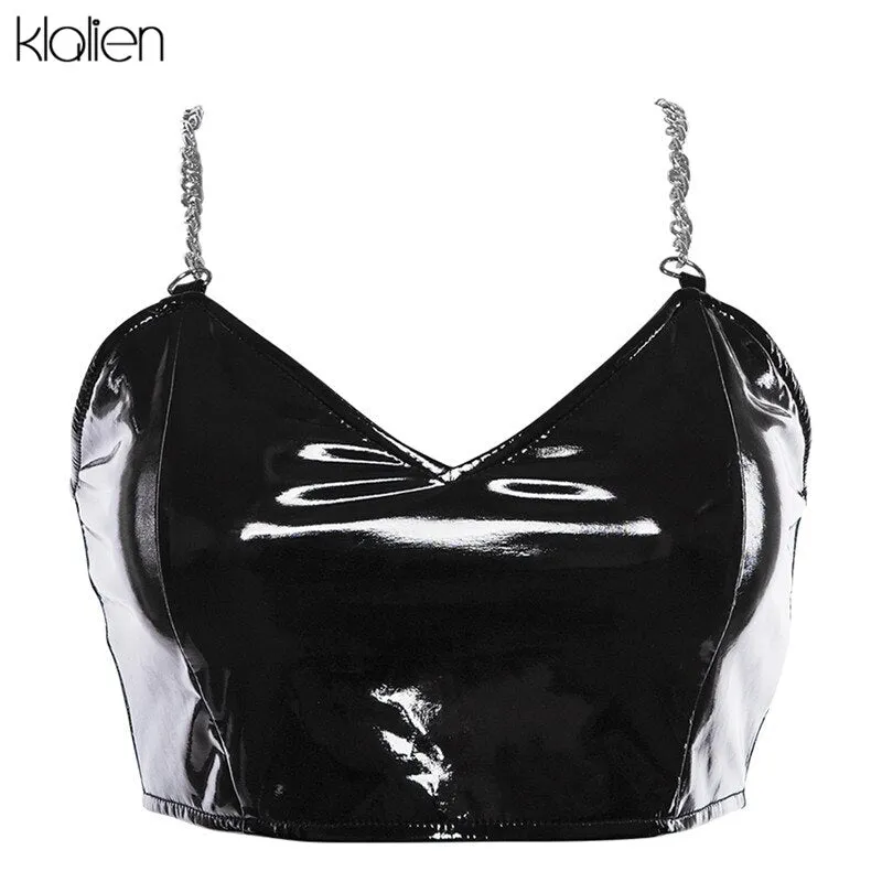 Znbbw women sexy v-neck PU leather metal chain strap crop camis 2023 new fashion sexy female spangly PU back zipper tees tops - Image 4