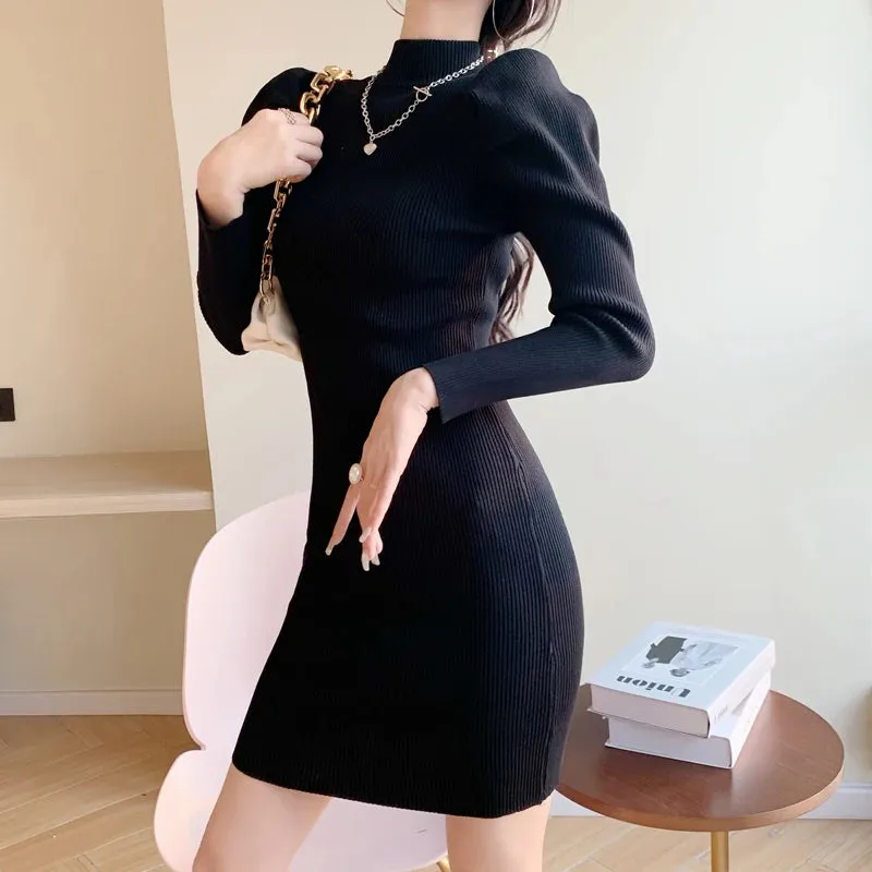 Znbbw Women Knitting Full Puff Sleeve Base Sweaters Dresses Girls Slim Turtleneck Mini Sheath Knitwear Dress Real Photos - Image 3