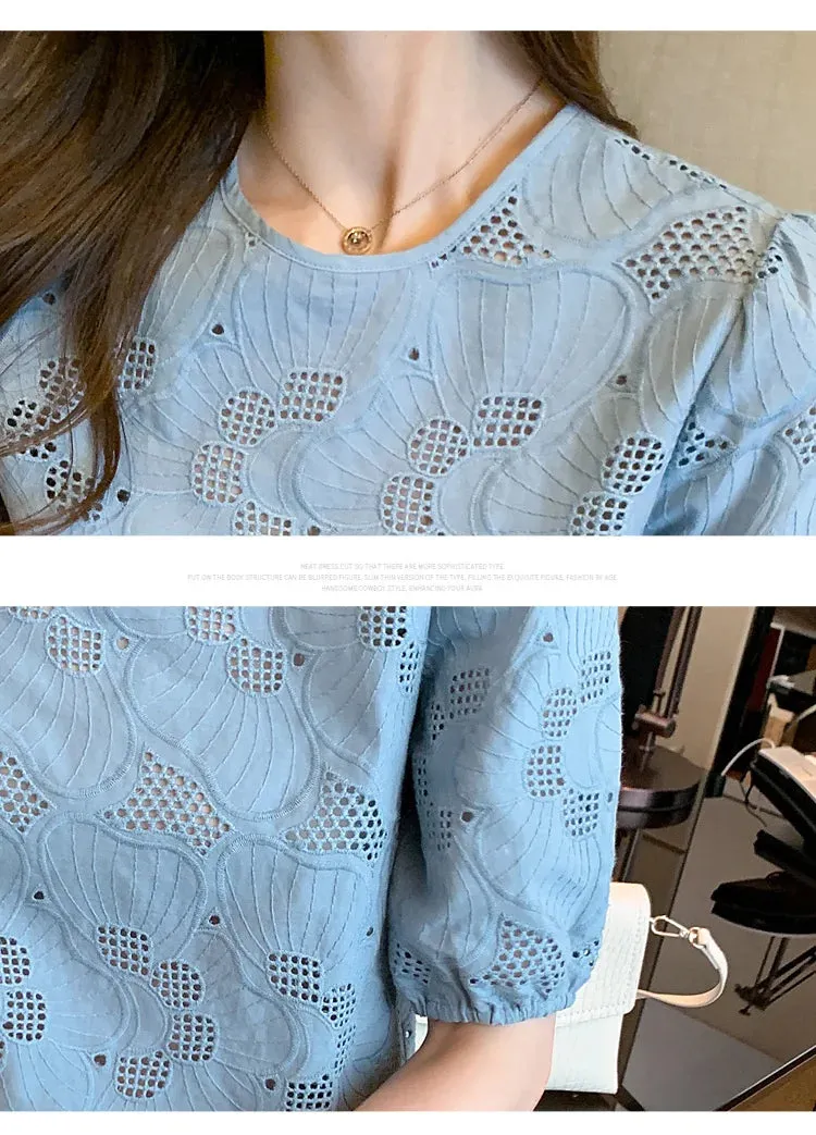 Znbbw Women White Blouse Tops Short Sleeve Hollow Chiffon Blouse Shirt Blouse Women Blusas Mujer De Moda 2023 Blouses Top E949 - Image 5