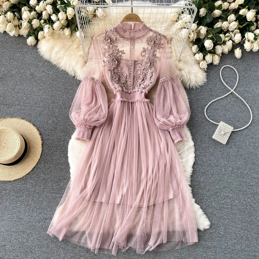 Znbbw 3D Flowers Mesh Dress 2024 Spring Summer Women Fairy Two Pieces Knee Length Solid Dresses Female Midi Dress - Image 8