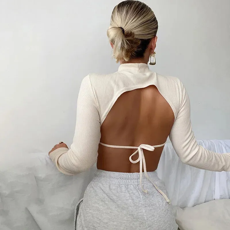 Znbbw Backless Lace-up T-Shirt Women Solid Color Tees Brief Style Round Collar Long Sleeve Slim Fit Crop Tops Lady Clubwear - Image 2