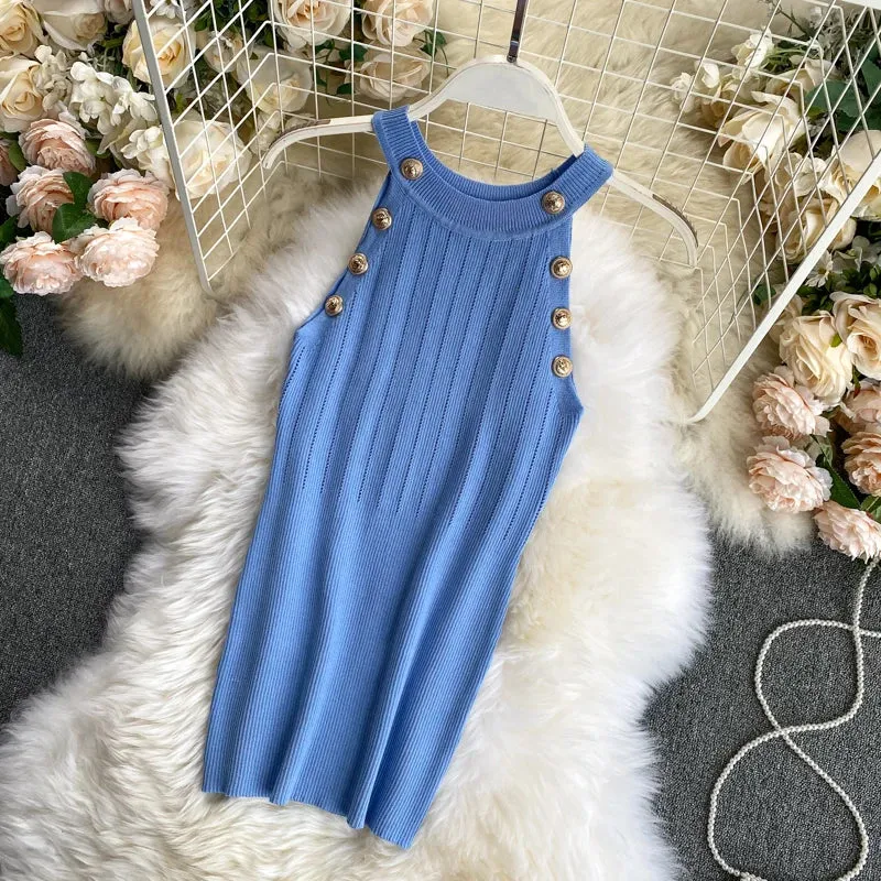 Znbbw Women's Knitting O-neck Off-shoulder Tank Tops Female Bodycon Knitted Buttons Camisole Sleeveless Tee shirts Women - Image 7