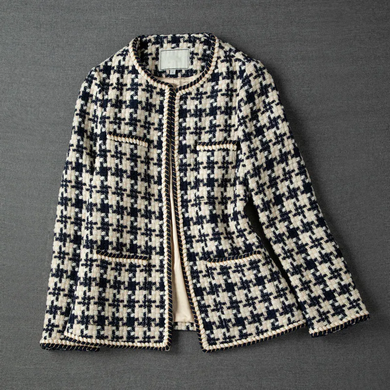 Znbbw 2023 Elegant Weave Plaid Women Blazer With Pocket And Lining Autumn Winter Causal Tweed Coat Office Ladies Suit Jacket 0410 - Image 2