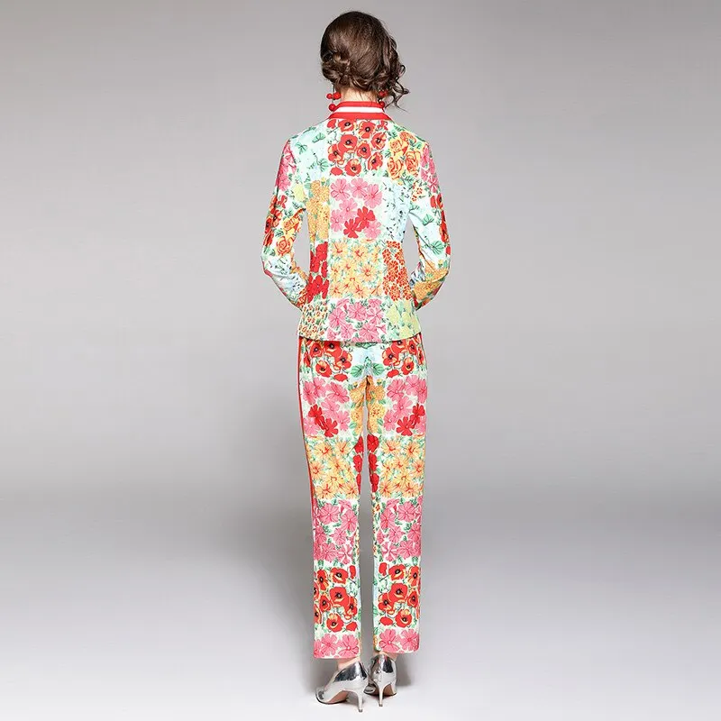 Znbbw Autumn Runway 2 piece Pant Sets Women Elegant Flower Print Shirt Tops +Full-Lenght Pants Office Ladies Set Outfits N67464 - Image 3