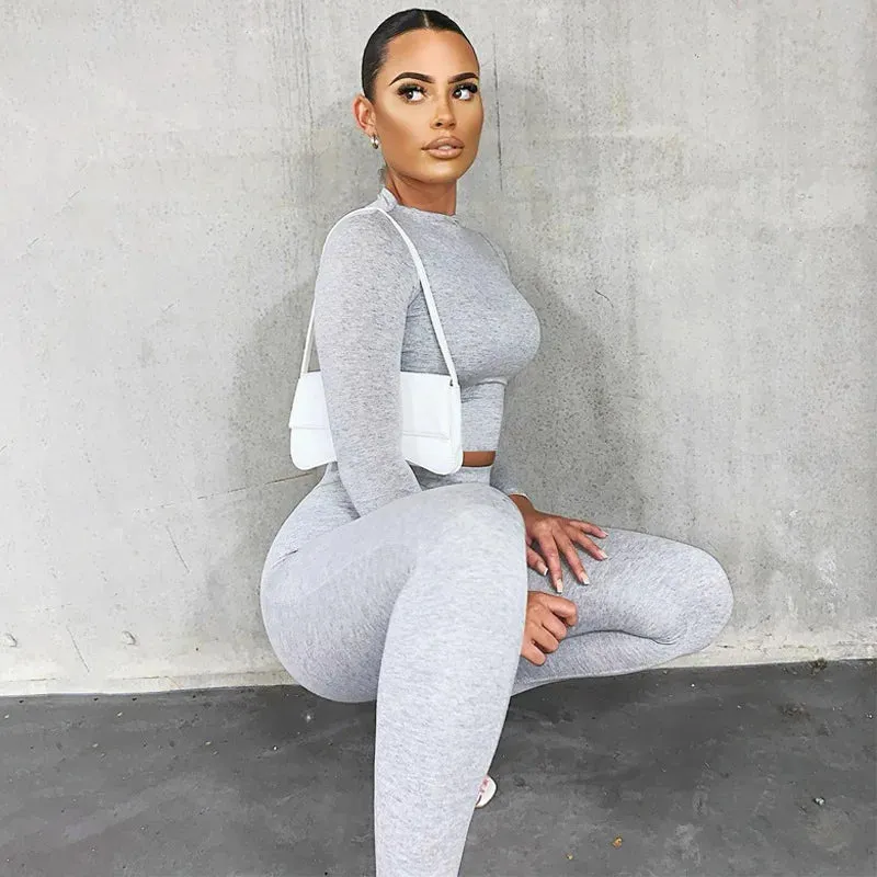 Znbbw 2-Pcs Women's Long Sleeve Sportswear Solid Color Elastic Crop Top Tight-fitting Long Pant Outfit Set - Image 3