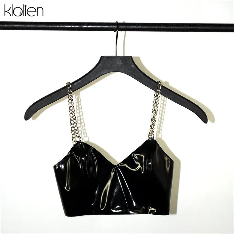 Znbbw women sexy v-neck PU leather metal chain strap crop camis 2023 new fashion sexy female spangly PU back zipper tees tops - Image 3