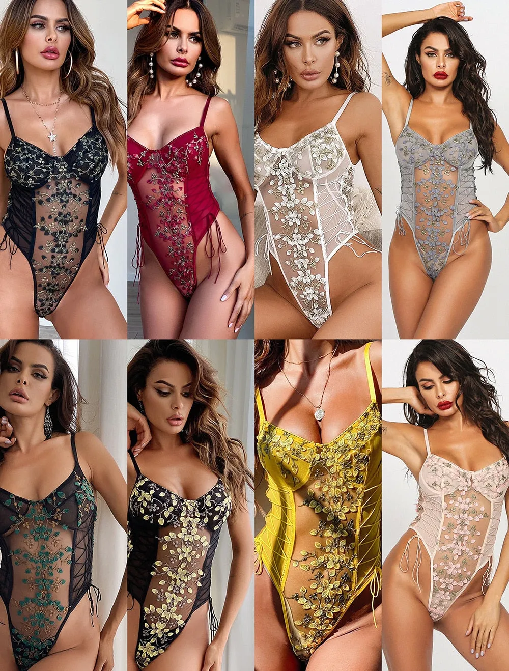 Znbbw Floral Embroidery Bodysuit Women Lace Up Bandage Bodies Sexy Sleeveless Bodycon Transparent Lingerie Mesh Bodysuits Top - Image 10