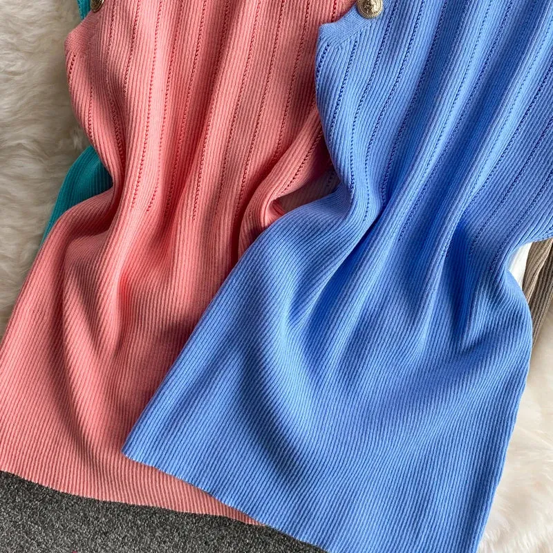 Znbbw Women Gold Buttons Halter Collar Tank Tops Female Stretchable Thin Hollow Out Camisole Sleeveless Short T-shirts Tees - Image 5