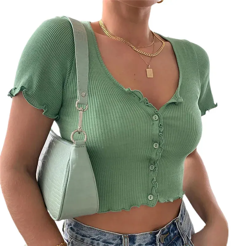 Znbbw Women V-neck Short Sleeve Ruffle T-shirt Clubwear Buttons Bodycon Solid T-shirt Crop Tops Summer Outwear tee shirt femme - Image 11