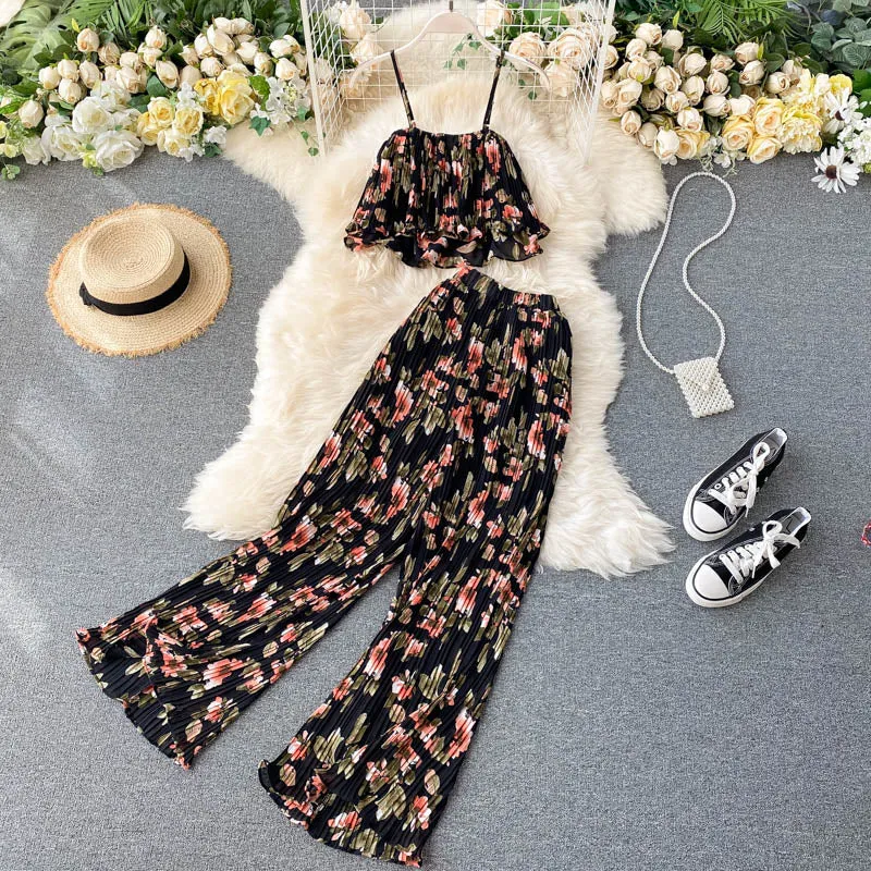 Znbbw Women's Summer Sets Vacation Style Printed Short Camisole Pleated High-waist Wide-leg Pants Two-piece New Casual Sets LL956 - Image 3