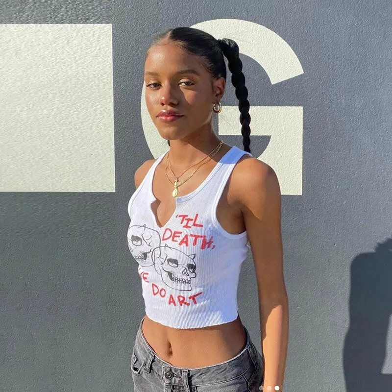 Znbbw Collar Trendy Letter Print With Pin Buckles Tank Tops Women Skull Printed Casual Stretchy Sleeveless Crop Top