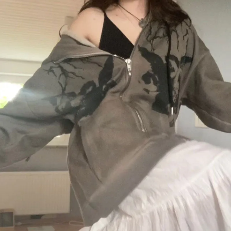 Znbbw Women Hip Hop Streetwear Hoodies Goth Angel Dark Print Zipper Jacket Coat Harajuku Y2K Hooded Top Clothes Men Women Punk Outwear - Image 3