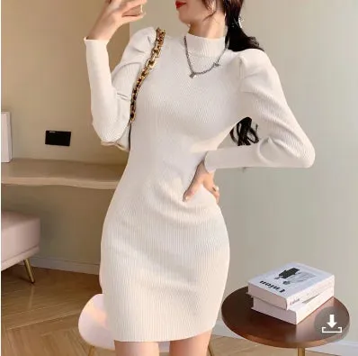 Znbbw Women Knitting Full Puff Sleeve Base Sweaters Dresses Girls Slim Turtleneck Mini Sheath Knitwear Dress Real Photos - Image 4