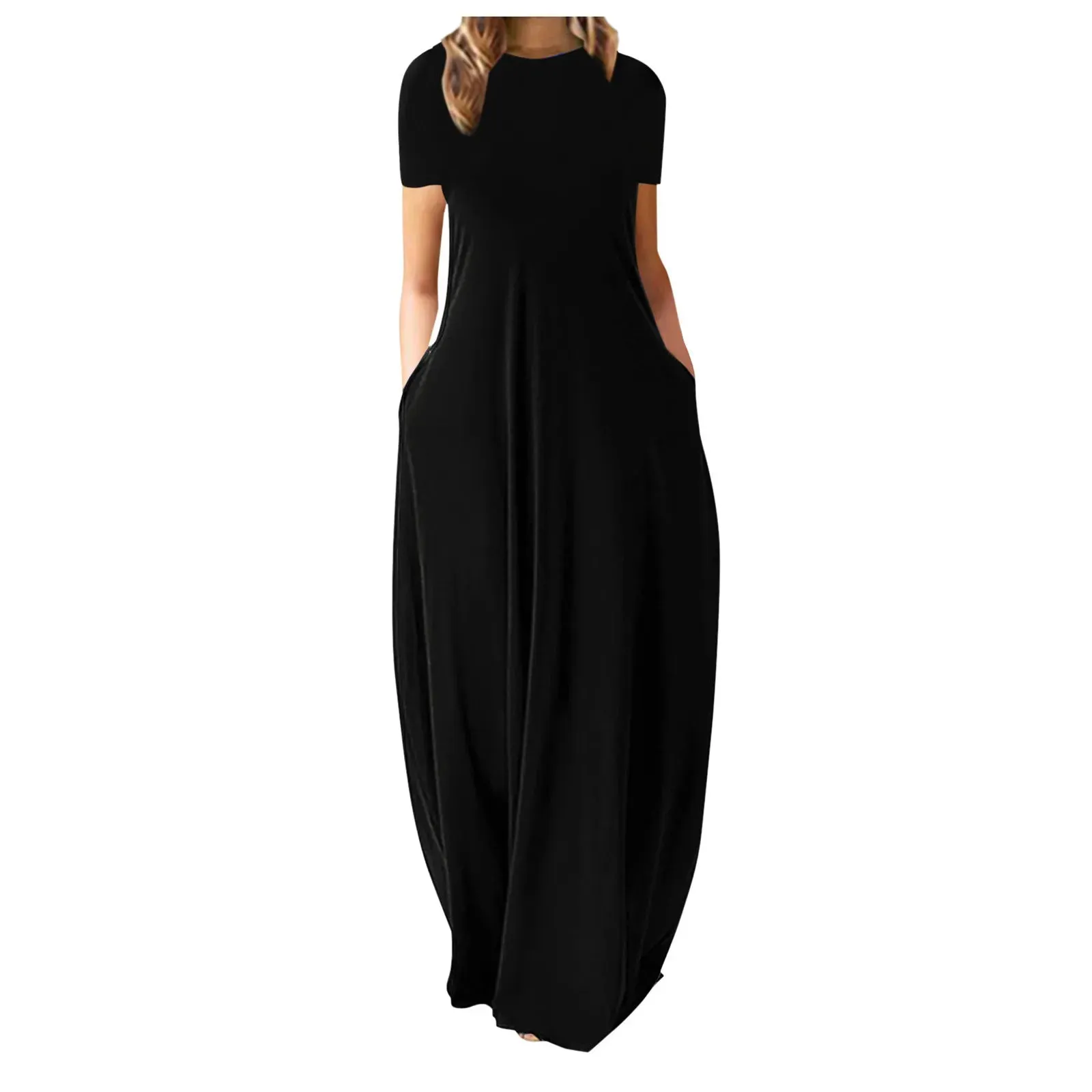Znbbw Women's Summer Casual Dress Fashion Black Draped Long Dress Loose High Waist Short Sleeve Solid Color Maxi Dress Vestidos Mujer - Image 4