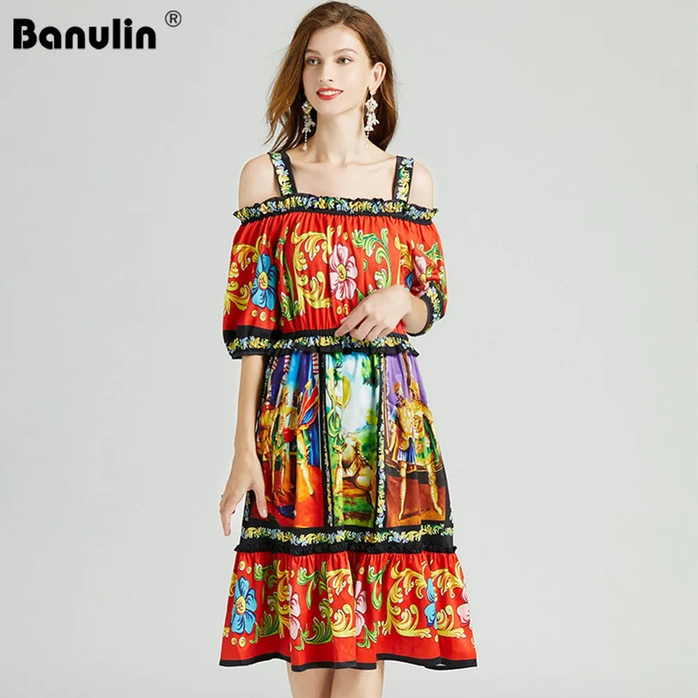 Znbbw 2023 Runway Summer Sexy Off Shoulder Cotton Dress Women's Elastic Waist Vintage Warrior Print Ruffles Dresses Vestdios - Image 3