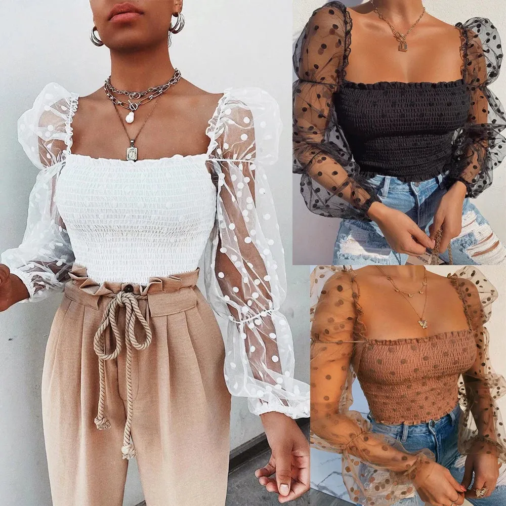 Znbbw Women Mesh Sheer Blouse Chiffon See-through Long Sleeve Top Shirt Blouse Fashion Organza Transparent White Shirt Female Blusas - Image 6
