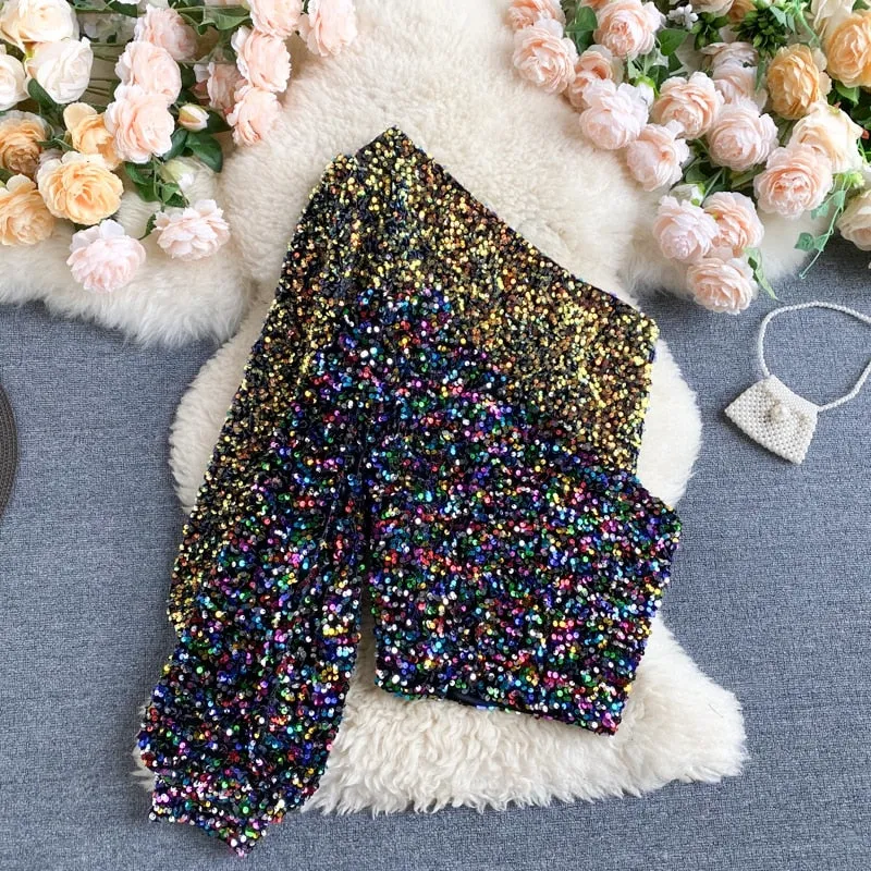 Znbbw 2023 New Product Oblique Collar T-shirt Strapless Unilateral Puff Sleeve Slim Fit Short Sequined Top HK102 - Image 2