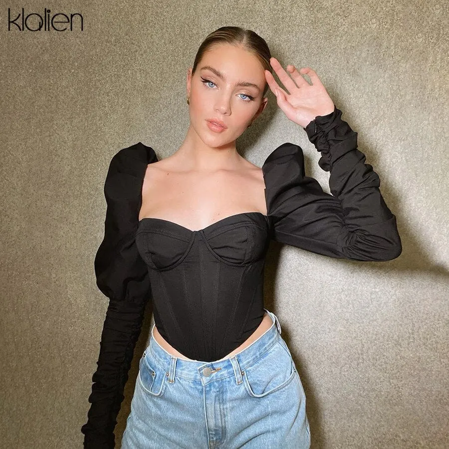 Znbbw 2023 Spring Fashion Elegant Puff Sleeve Square Collar T Shirt Women Skinny Casual Streetwear Crop Corset Top Ladies - Image 3