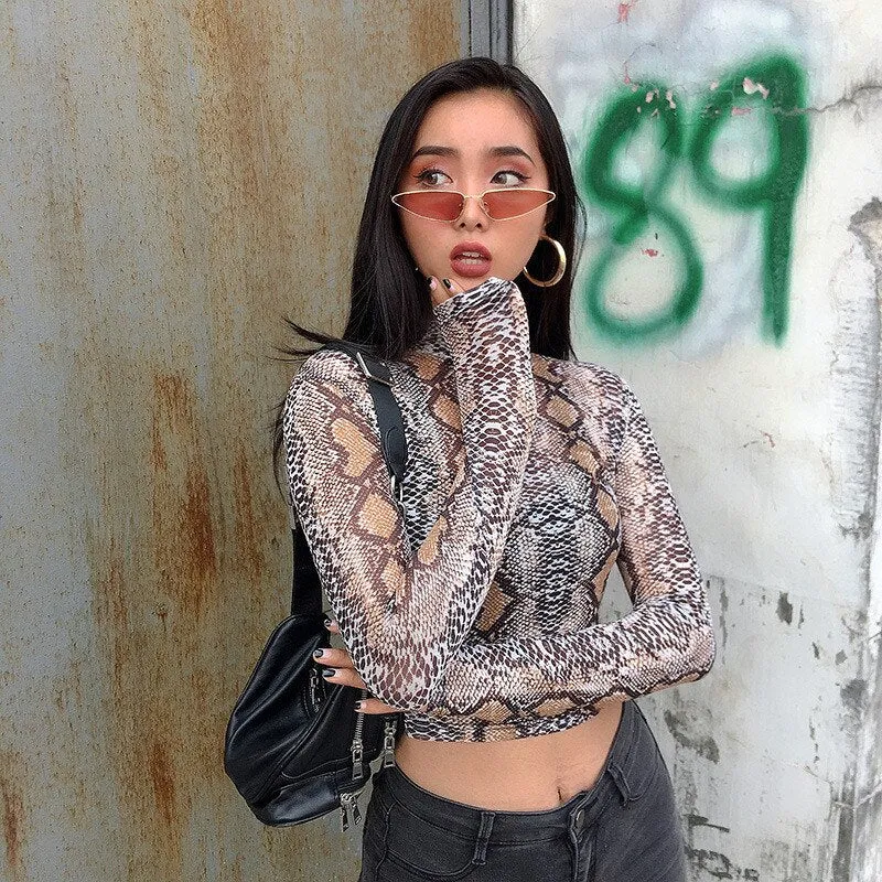 Znbbw Green Snake Print T Shirt Women Mesh Top Long Sleeve Transparent Snakeskin Female T-shirt High Neck Crop Tops - Image 3