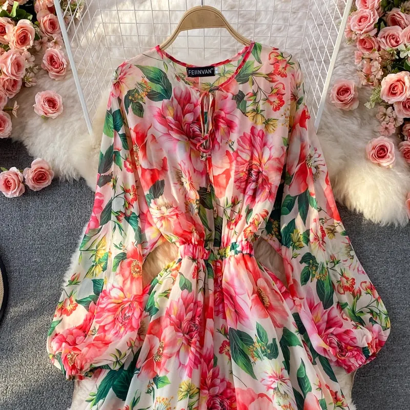 Znbbw Runway Spring Summer Vacation Dress Women Elegant Bat Sleeve Rose Print Bohemian Lady Chiffon Long Maxi Dress N76637 - Image 3