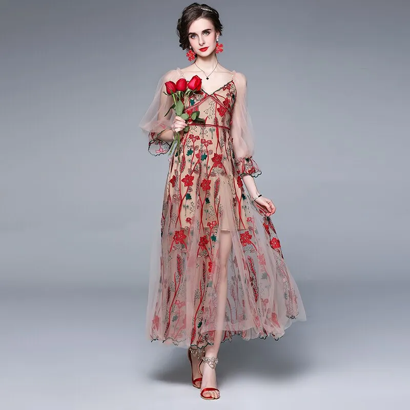 Znbbw 2023 New Women's Spring Summer Runway Red Flower Embroidered Boho Long Dress Ladies V-neck Flare Sleeve Mesh Party Dress - Image 2