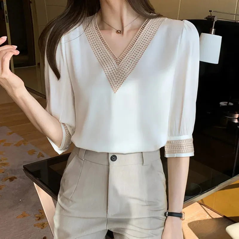 Znbbw Women Shirts Blouses Femme White Blouse Tops Women Blusas Mujer De Moda 2023 Verano V-Neck Chiffon Blouse Shirt Tops Blusas E608 - Image 3