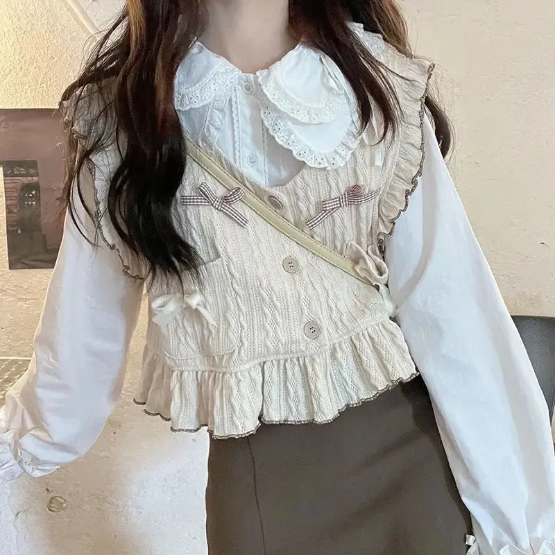 Znbbw Autumn Kawaii Sweater Vest Women Loose Bowknot Japanese Sweet Cute Knitted Vest Ruffle Korean Fashion Button-down Cardigan - Image 3