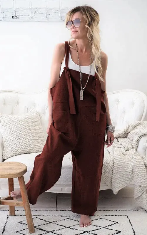 Znbbw 2024 New Brand Women Casual Loose Cotton Linen Solid Pockets Jumpsuit Overalls Wide Leg Cropped Pants hot - Image 7