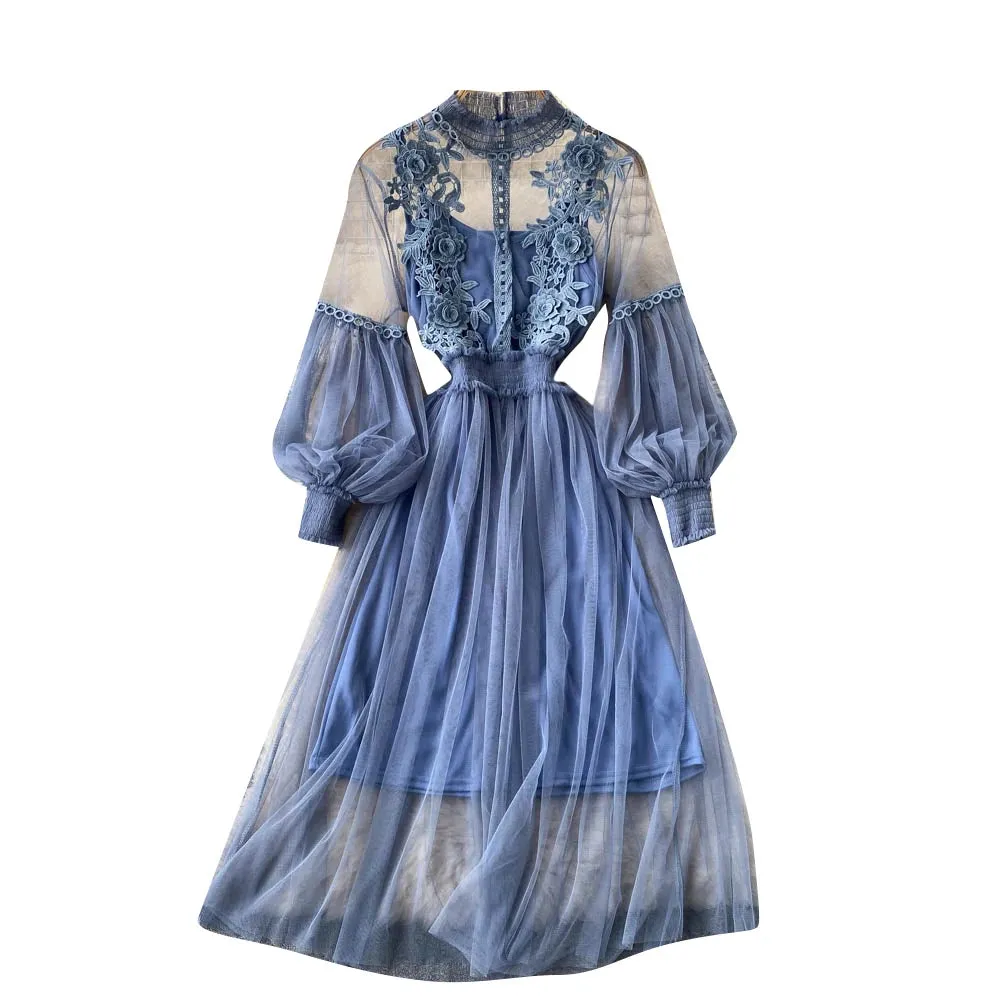 Znbbw 3D Flowers Mesh Dress 2024 Spring Summer Women Fairy Two Pieces Knee Length Solid Dresses Female Midi Dress - Image 6