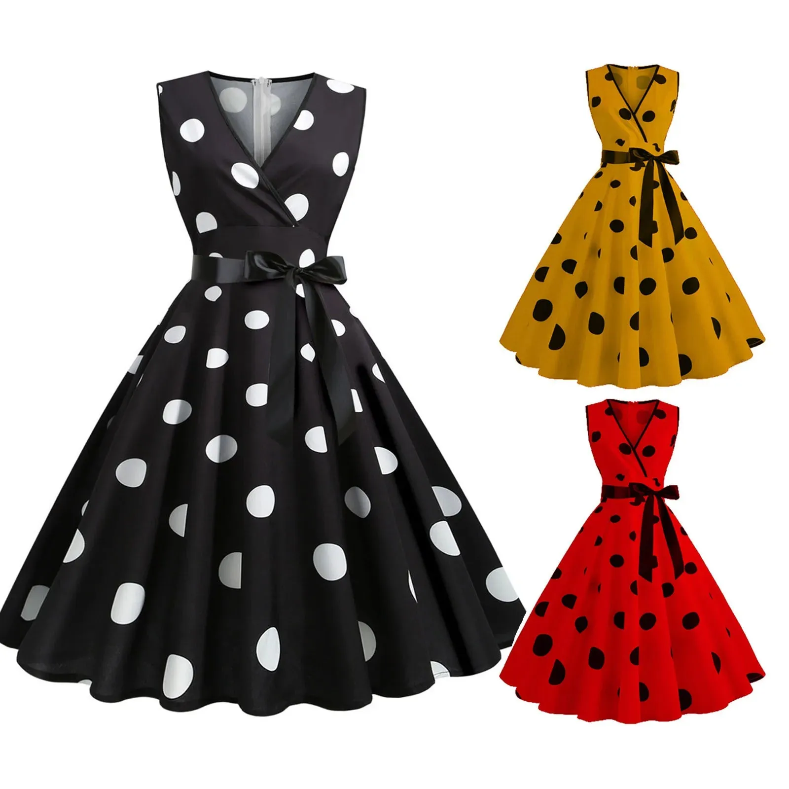 Znbbw 80s 90s Polka Dot Printed Swing Dress Women's Elegant Retro Sleeveless Deep V-Neck Party Dress Ladies Bow Bandage Dress