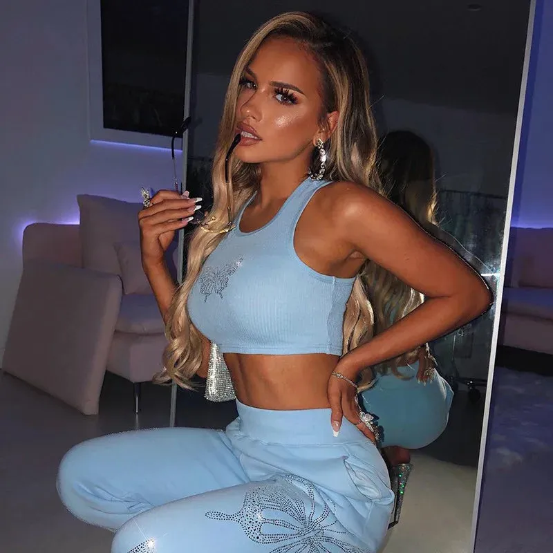 Znbbw Sparkly Rhinestone Butterfly Ribbed Tank Tops Women Summer 2024 Sexy Club Tops Harajuku Fairycore Grunge Cropped TShirts - Image 6